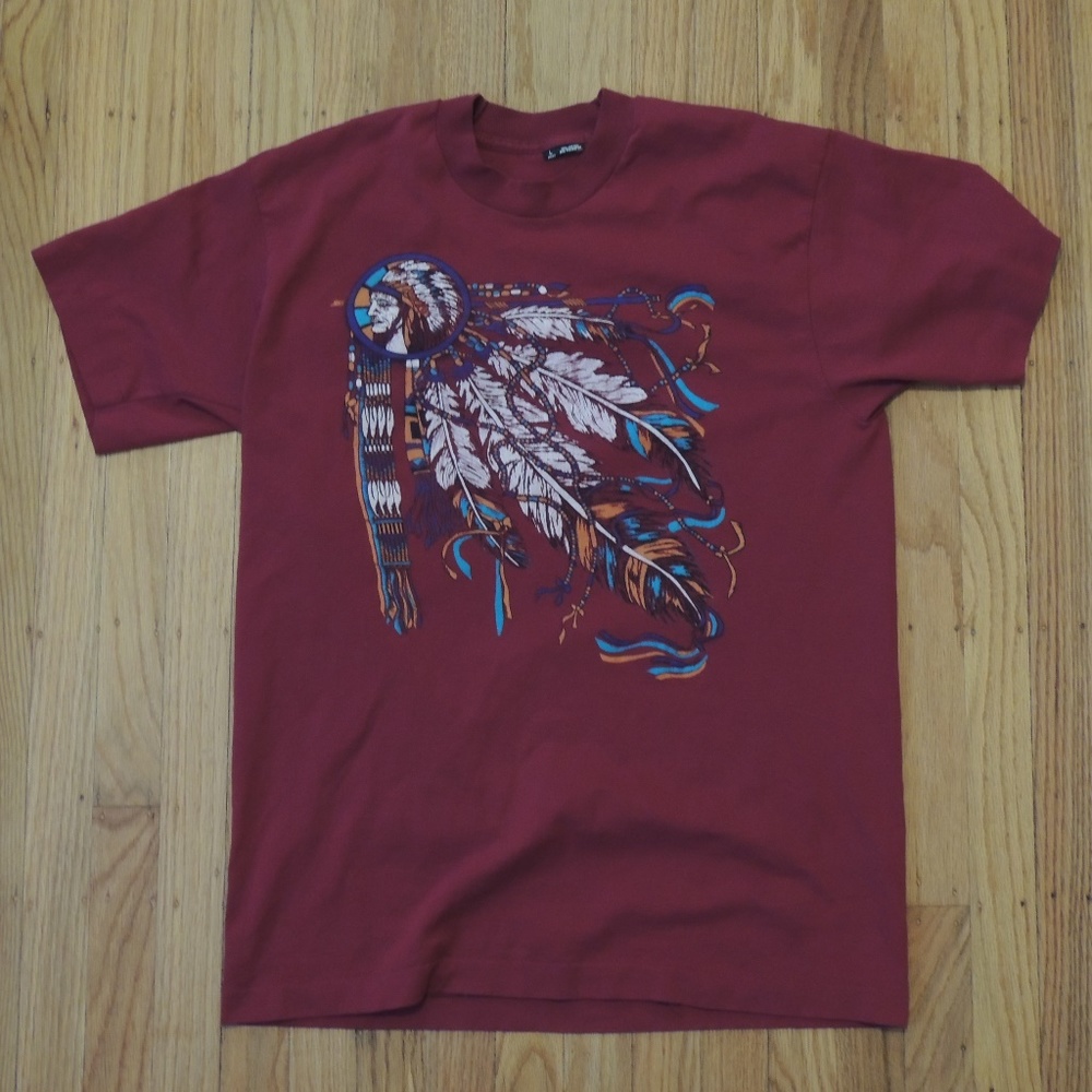 Vintage Native American T Shirt Feathers Red